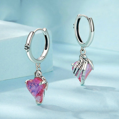 Jorrio Elegant Pink Skull Hand Heart Sterling Silver Earrings
