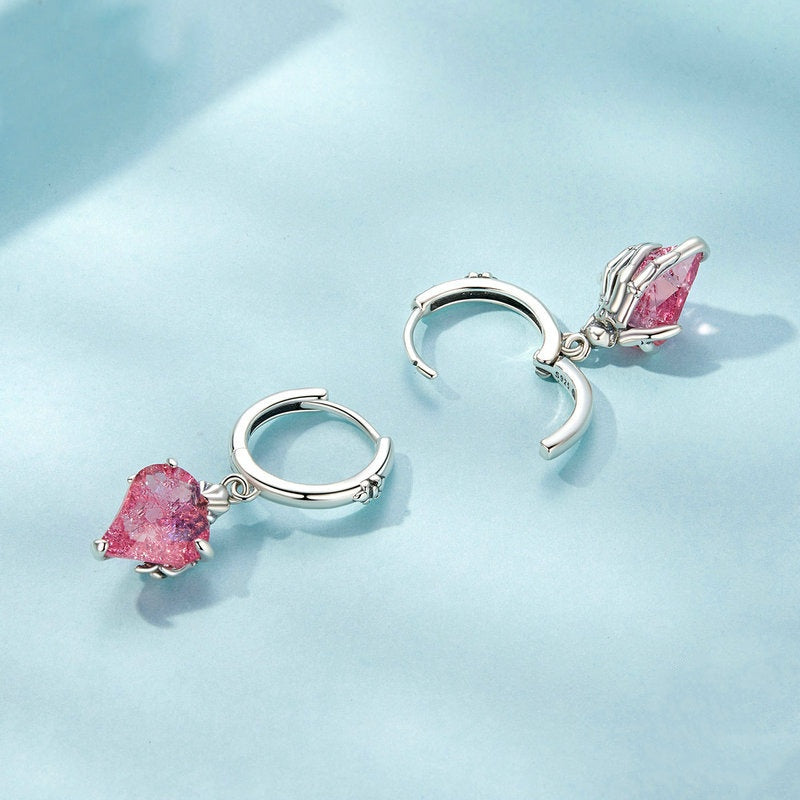 Jorrio Elegant Pink Skull Hand Heart Sterling Silver Earrings
