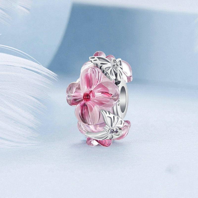 Jorrio Sweet Pink Flower Butterfly Lucite Sterling Silver Charm