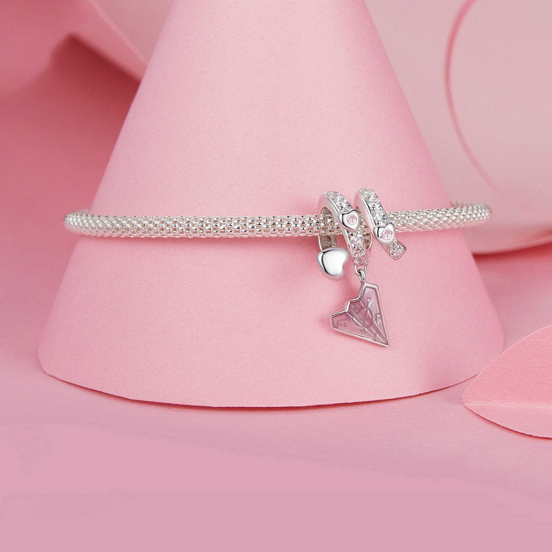 Jorrio Romantic Valentine's Day Pink Paper Airplane Love Letter Sterling Silver Charm