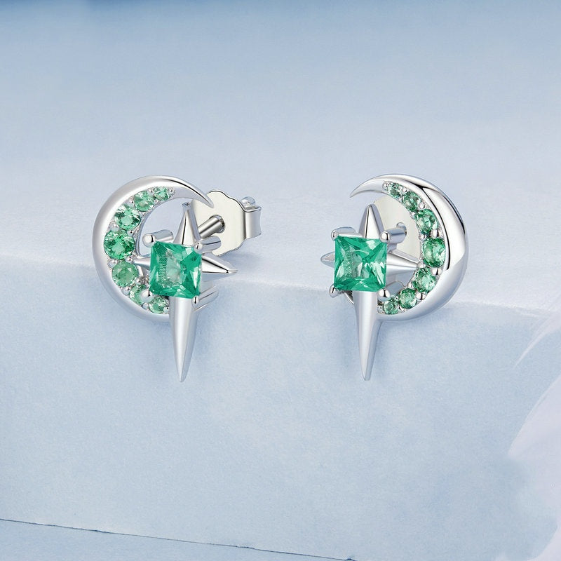 Jorrio Green Star and Moon Sterling Silver Earrings