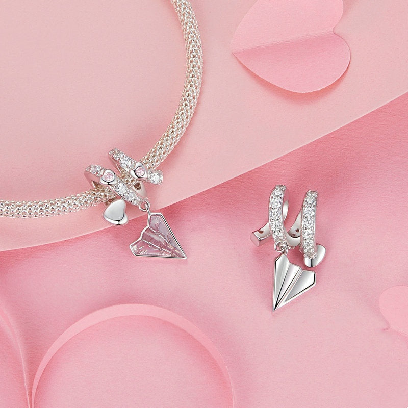 Jorrio Romantic Valentine's Day Pink Paper Airplane Love Letter Sterling Silver Charm