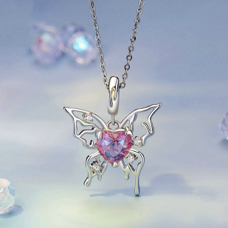 Jorrio Romantic Openwork Butterfly Pink Bloodbath Butterfly Sterling Silver Charm