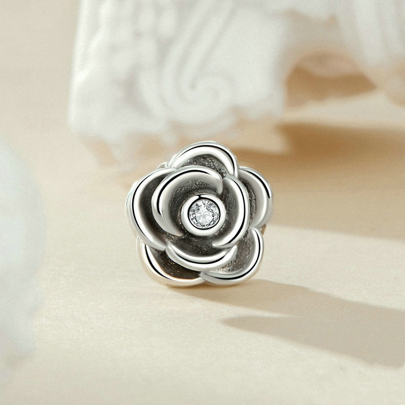 Jorrio Romantic Elegant Vintage Delicate Three-dimensional Rose Flower Sterling Silver Charm
