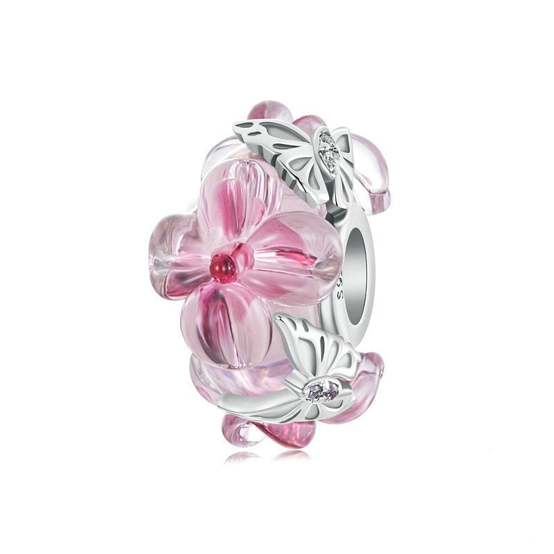 Jorrio Sweet Pink Flower Butterfly Lucite Sterling Silver Charm