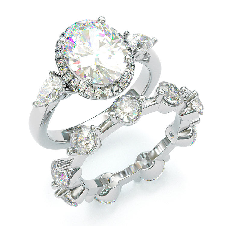 Jorrio Handmade Oval Cut 2 Pcs Diamond Halo Sterling Silver Bridal Wedding Ring Set