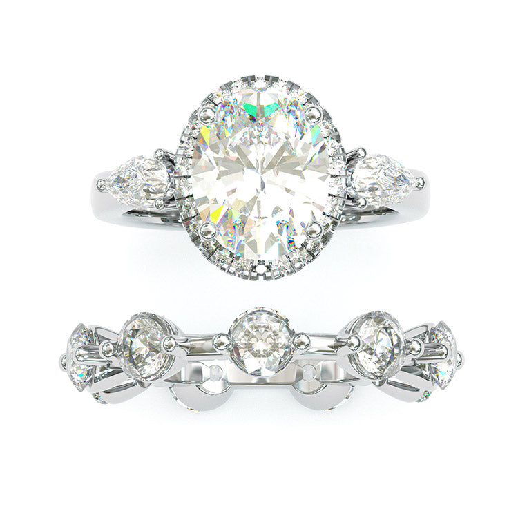 Jorrio Handmade Oval Cut 2 Pcs Diamond Halo Sterling Silver Bridal Wedding Ring Set