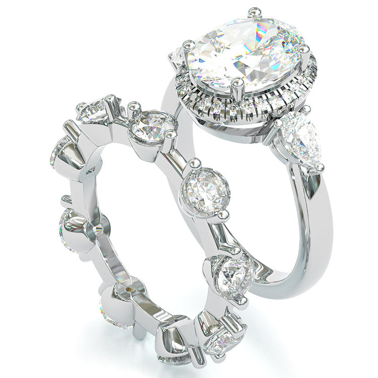 Jorrio Handmade Oval Cut 2 Pcs Diamond Halo Sterling Silver Bridal Wedding Ring Set