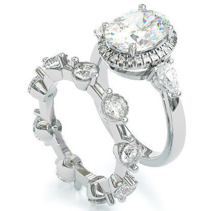 Jorrio Handmade Oval Cut 2 Pcs Diamond Halo Sterling Silver Bridal Wedding Ring Set