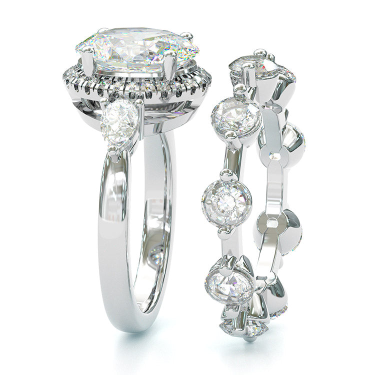 Jorrio Handmade Oval Cut 2 Pcs Diamond Halo Sterling Silver Bridal Wedding Ring Set