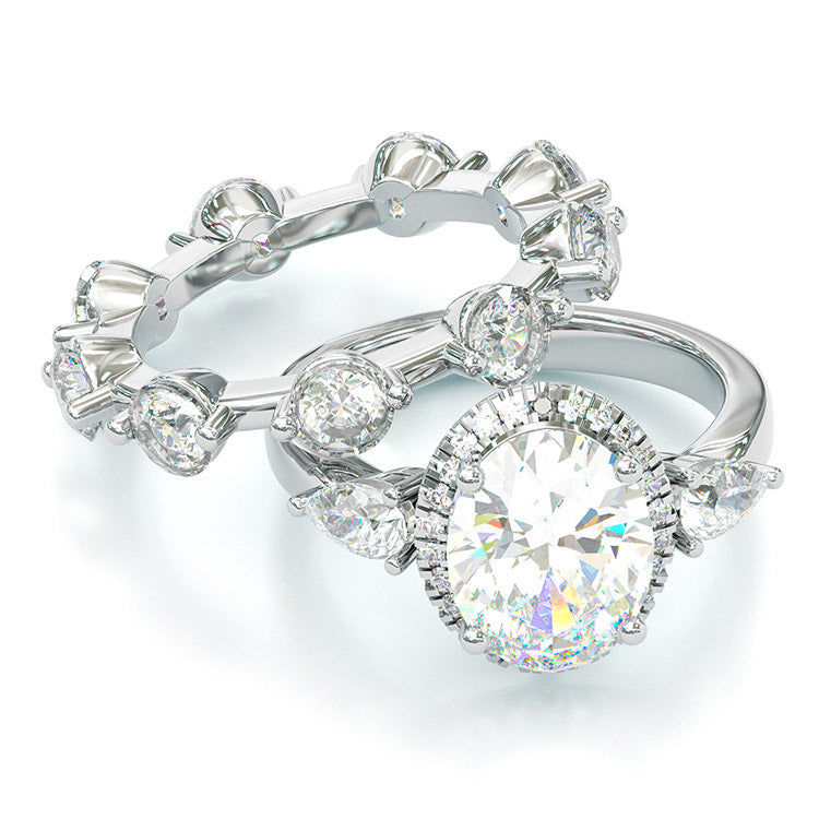 Jorrio Handmade Oval Cut 2 Pcs Diamond Halo Sterling Silver Bridal Wedding Ring Set