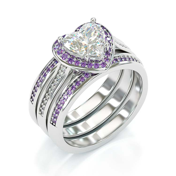 Jorrio Vintage Heart Cut Amethyse Halo Handmade Created Diamond  Sterling Silver Wedding Ring