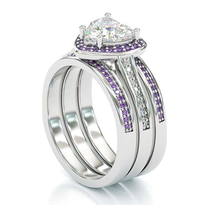 Jorrio Vintage Heart Cut Amethyse Halo Handmade Created Diamond  Sterling Silver Wedding Ring