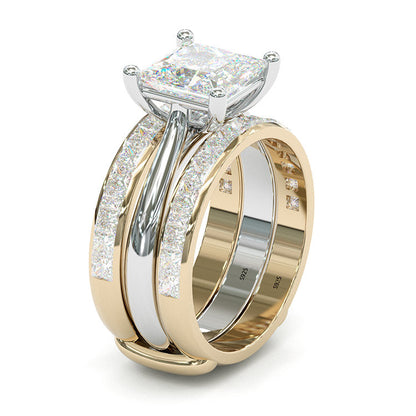 Jorrio handmade princess cut Moissanite two tone anniversary ring wedding ring bridal set