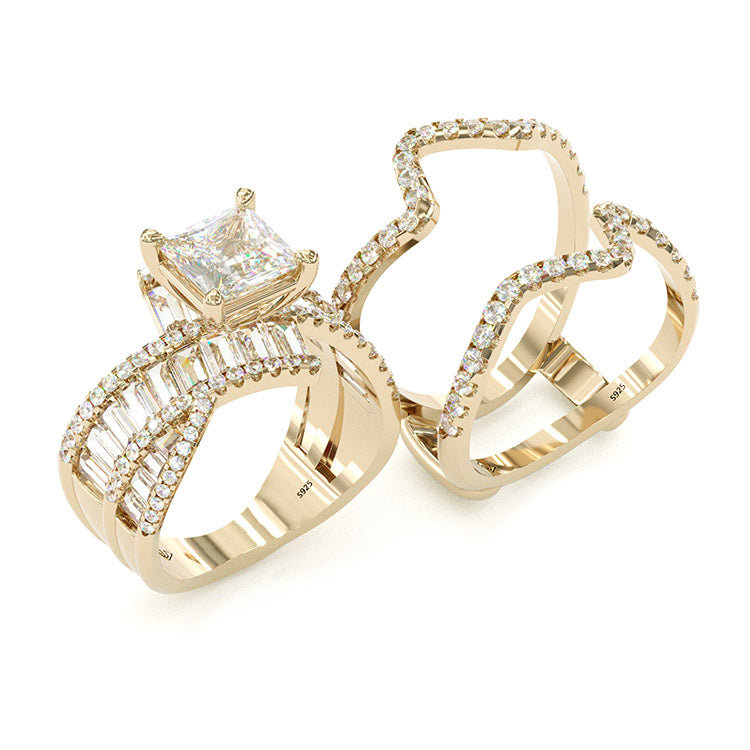 Jorrio handmade vintage princess cut anniversary wedding gold bridal ring set