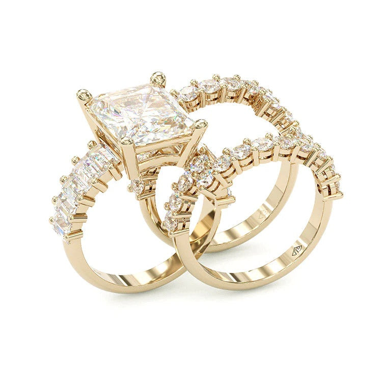 Jorrio handmade diamond vintage radiant cut wedding ring 3pcs bridal set